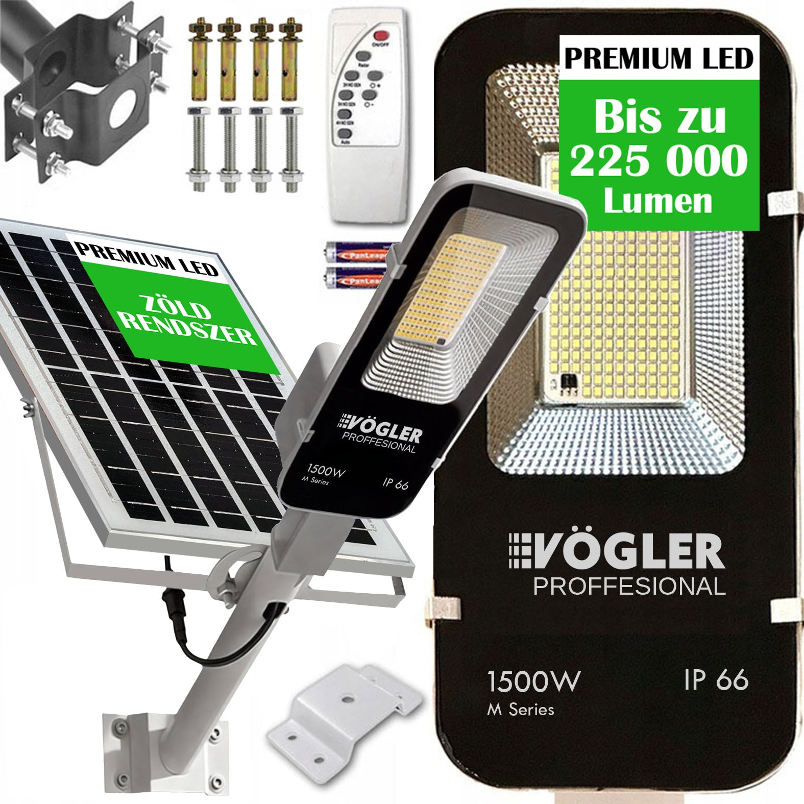 Leistungsstarke Solarlampe, Dämmerungssensor, Fernsteuerung, Vögler Professional 1500W