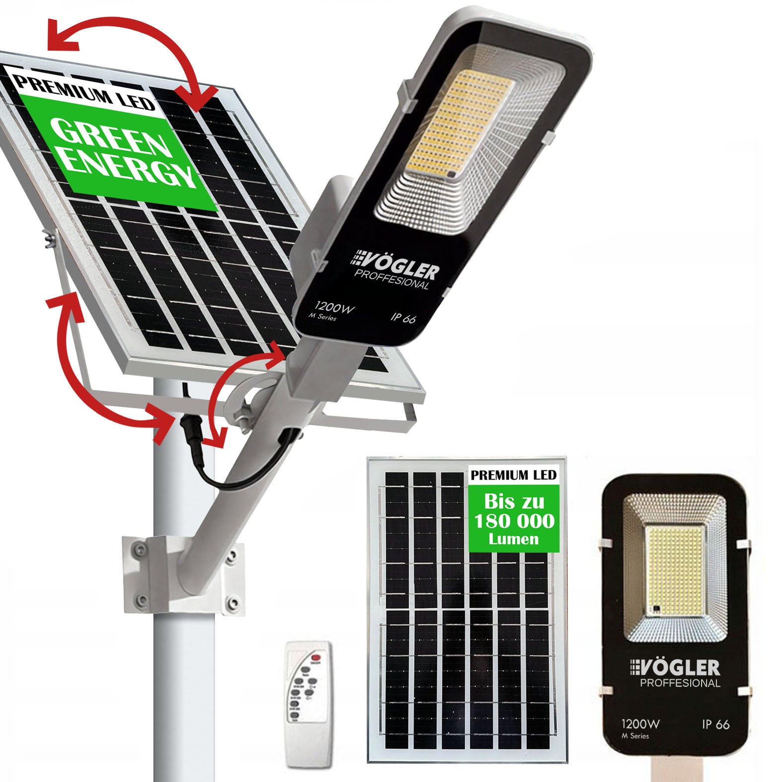 Leistungsstarke Solarlampe, Dämmerungssensor, Fernsteuerung, Vögler Professional 1200W