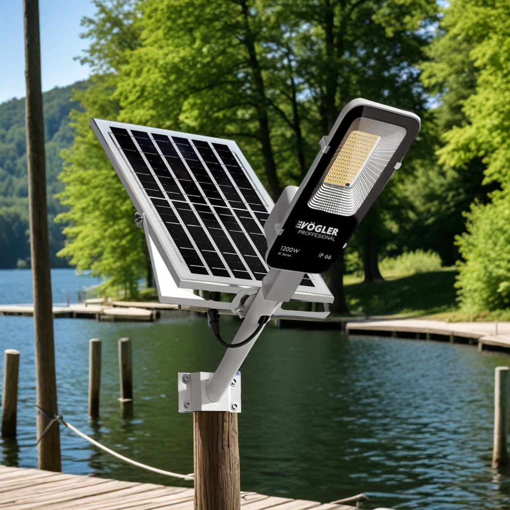 Leistungsstarke Solarlampe, Dämmerungssensor, Fernsteuerung, Vögler Professional 1200W
