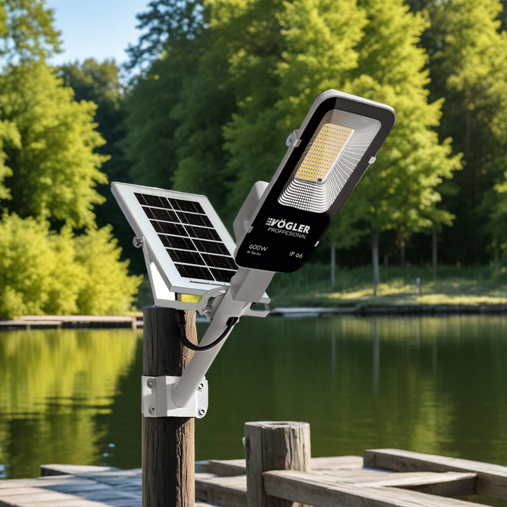 Leistungsstarke Solarlampe, Dämmerungssensor, Fernsteuerung, Vögler Professional 600W